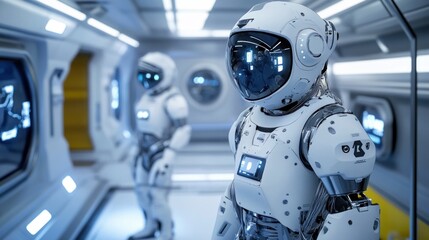 Fototapeta premium Autonomous robotic assistants in a futuristic spaceship environment with advanced technology