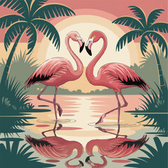 Flamingos Wading in a Tropical Lagoon at Sunset