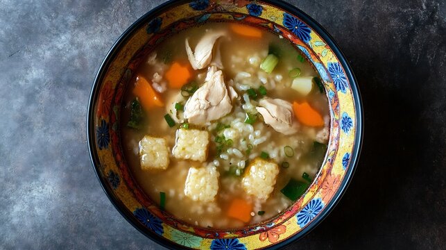 Top down view of Japanese zoni soup rice cakes vegetables and chicken served in a colorful lacquer bowl