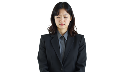 Frustrated Japanese businesswoman stressed and tired. Depicts work pressure, career fatigue, and business challenges. Isolated on transparent background. For corporate stress, mental health,