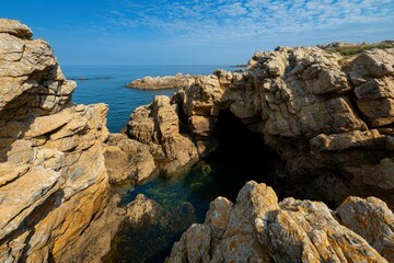 Fototapeta premium Rocky coast, clear water, cliff and cave, scenic seascape. Travel tourism