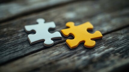Two interlocking puzzle pieces on a rustic wooden surface, symbolizing connection and problem-solving in life