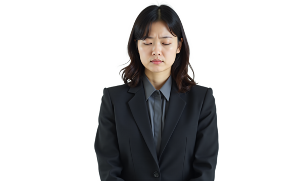 Frustrated Japanese businesswoman stressed and tired. Depicts work pressure, career fatigue, and business challenges. Isolated on transparent background. For corporate stress, mental health,