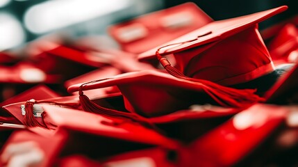 Red graduation caps stacked on each other, ceremony