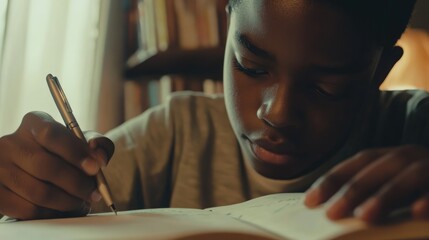 Young boy focused on writing in a notebook at home, with warm light filtering through a window in the background