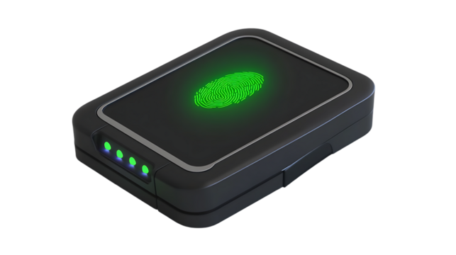 A biometric fingerprint scanner sits on a surface, illuminated with a bright green fingerprint and indicator lights, signifying security.