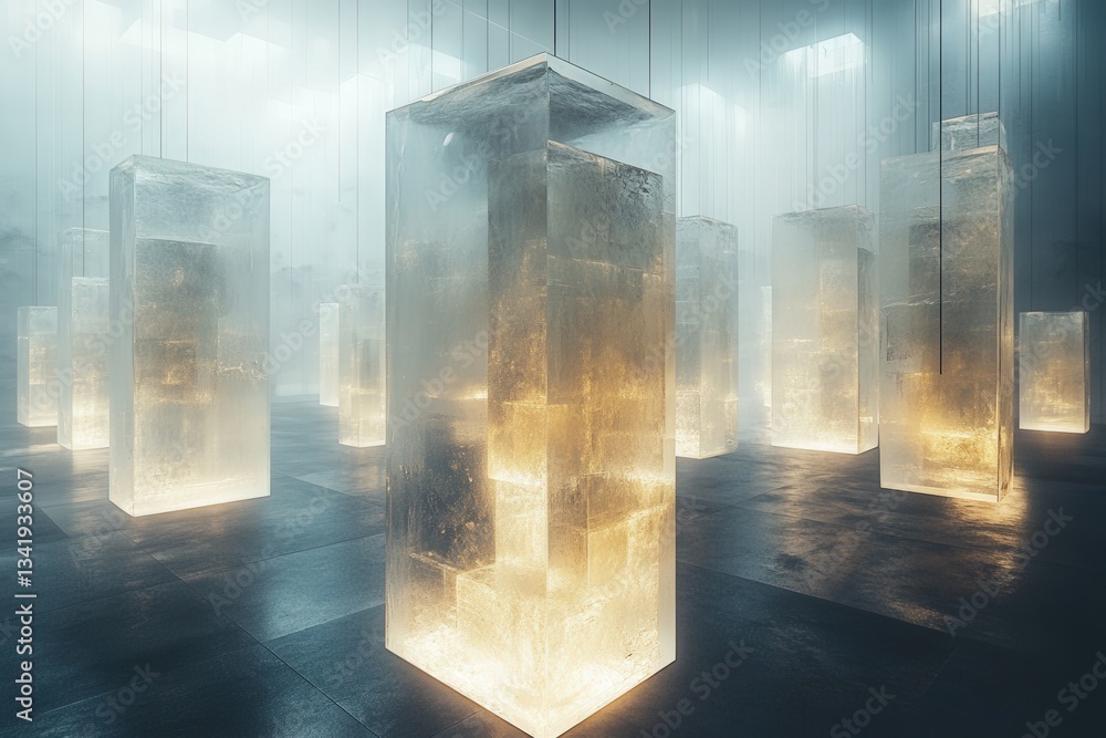 Poster luminous geometric shapes float in a void, creating an ethereal atmosphere with their glowing edges 
