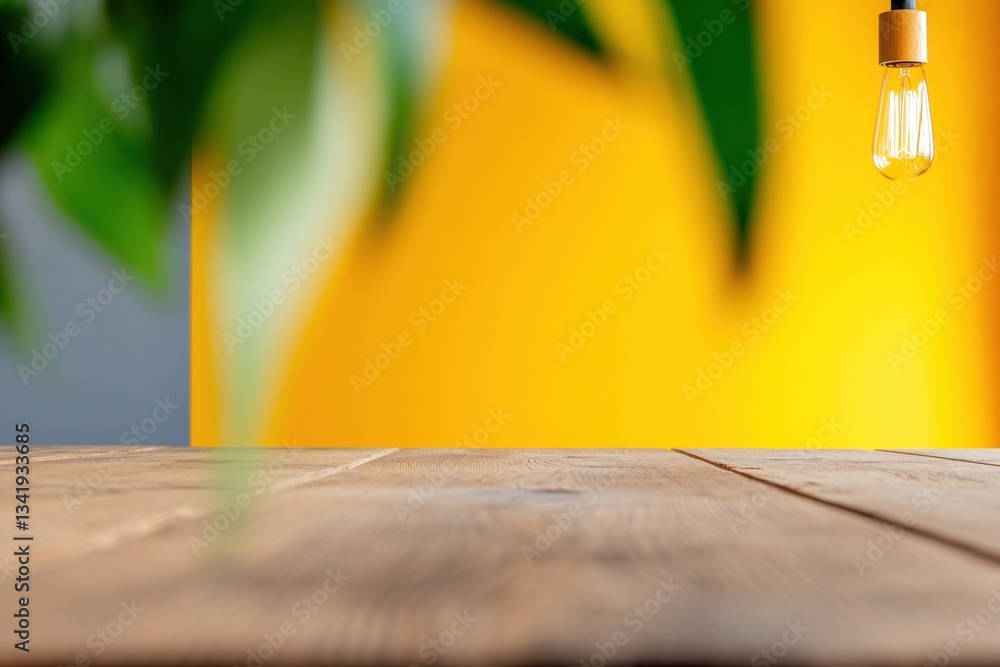 Poster minimalist workspace illumination vibrant yellow background with rustic wooden table - modern produc