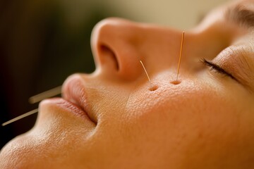 Fototapeta premium Holistic Facial Acupuncture: A close-up of a person undergoing facial acupuncture treatment, showcasing delicate needles inserted to promote well-being, beauty and relaxation.