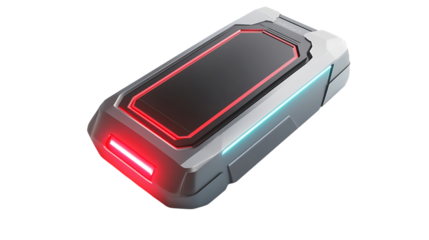 The image depicts a futuristic, sci-fi style container with neon accents, rendered against a black background.