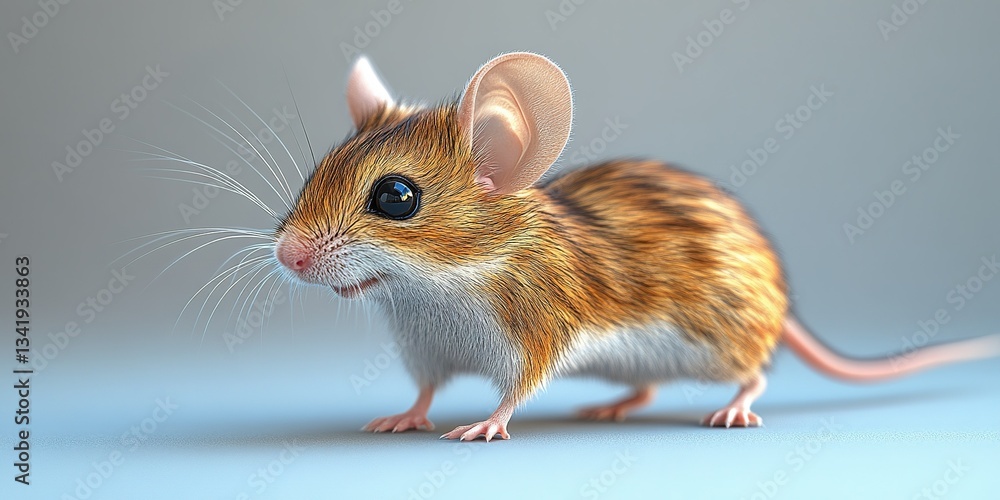Poster cute small mouse with brown fur exploring a smooth surface in a light environment during the daytime