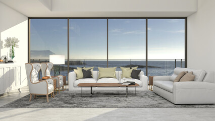 Interior of modern classic living room in white tone, with sofas and easy chairs, sea view outside as background, clear light and bright sky. 3D illustration.