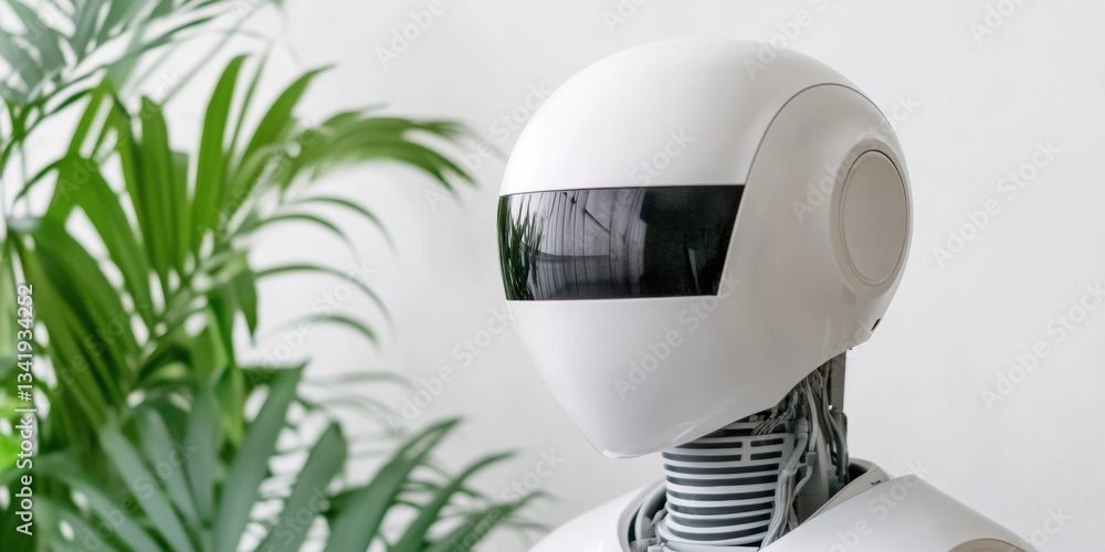 Poster Minimalist AI Robotics Sleek Humanoid Interface with Biophilic Green Design - Futuristic Digital Workforce Innovation in Soft Organic Aesthetic