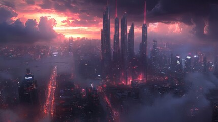 Fototapeta premium Futuristic Cityscape at Sunset with Glowing Towers