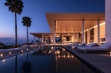 Obraz premium the exterior of an ultra-luxury villa in Phuket, Thailand at night, featuring a pool and loungers on a wooden deck near the swimming pool.