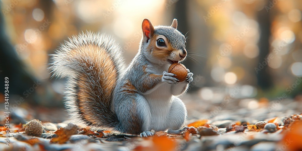 Poster squirrel enjoying an acorn in an autumn forest filled with colorful leaves and soft sunlight