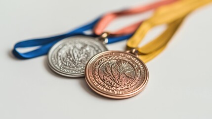 Two medals, one silver and one bronze, hanging on colorful ribbons, showcasing achievement and recognition