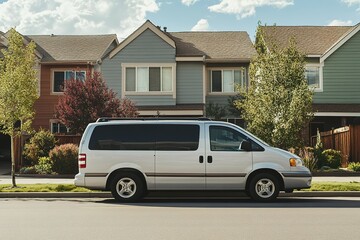 Silver van parked along a suburban street lined with colorful houses and green trees