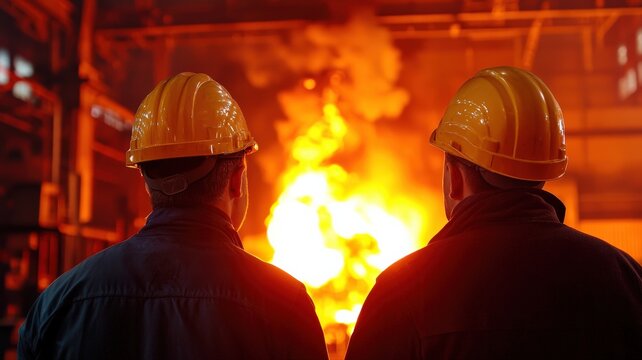 Steel mill workers monitoring high-temperature metal processing, glowing molten steel in the background