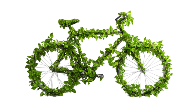 An eco-friendly bicycle frame completely covered in green leaves and vines symbolizing sustainable transportation and environmental consciousness.