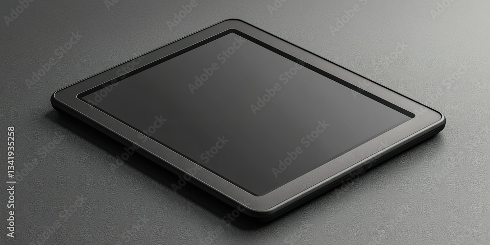 Poster digital tablet lying flat on a smooth surface with a minimalist design and dark color