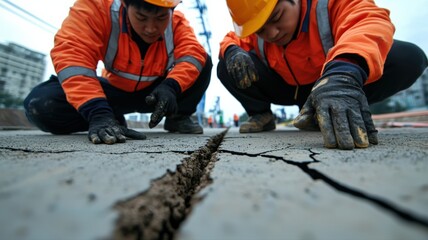 Structural engineers assessing cracks on a concrete bridge support, safety hazard evaluation