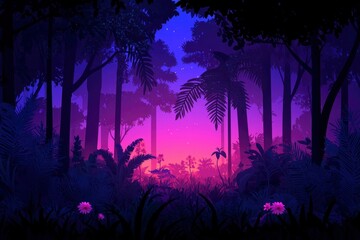 Night landscape. Tropical forest with plants against dusk sky background. Backdrop