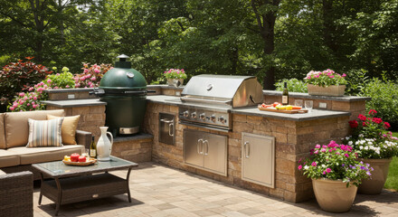an outdoor kitchen patio with a grill and countertop for food preparation summer cooking