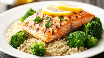 Delicious grilled salmon fillet plated artfully with quinoa and fresh broccoli florets