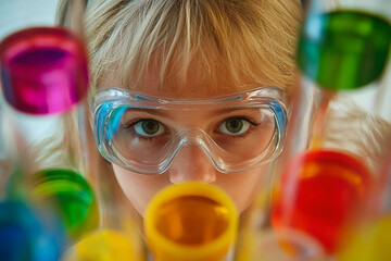 Curious Young Scientist Conducting a Colorful Chemistry Experiment in Laboratory Generative AI