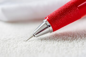 Red Mechanical Pencil: A detailed close-up of a red mechanical pencil, its sharp point poised against the texture. A vivid exploration of design and utility. 