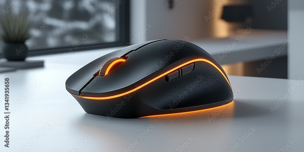Poster high-performance gaming mouse showcased on a desk with a modern design and dynamic lighting in a coz