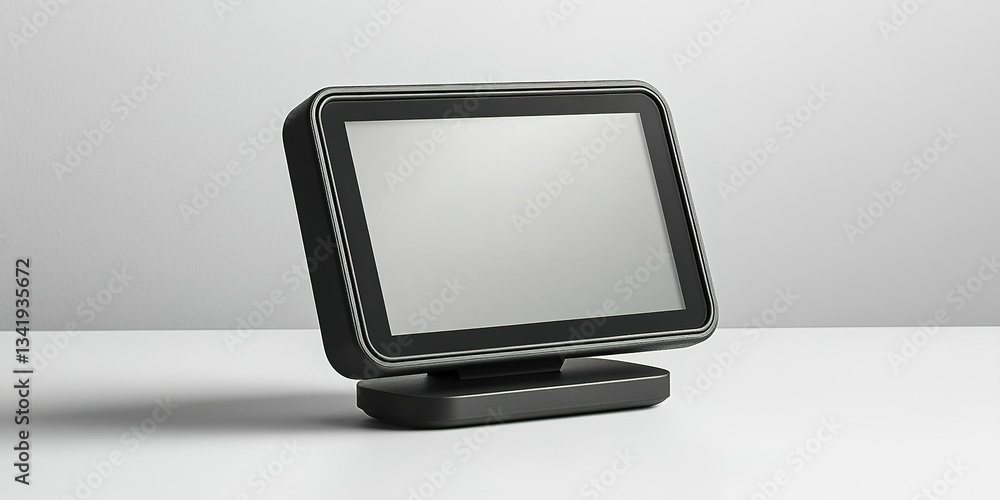 Poster digital display device on a minimalist surface, showcasing modern technology design in a sleek, unob