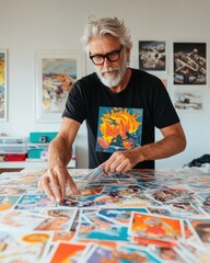 Retro Collectors Paradise Vintage Trading Card Curation by Passionate Millennial Creative, Preserving Pop Culture Memorabilia in Nostalgic Home Studio Workspace