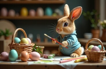 Easter rabbit in his workshop, painting eggs and packing them in baskets. Around him, paints, brushes, ribbons and already ready gifts