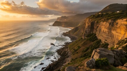 Obraz premium Dramatic Coastal Cliffs at Sunset with Crashing Ocean Waves Stunning Seascape