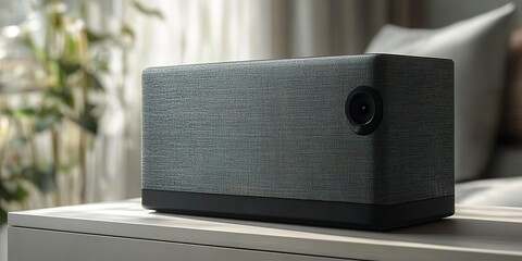 Stylish speaker sits on a table in a cozy room filled with natural light during daytime
