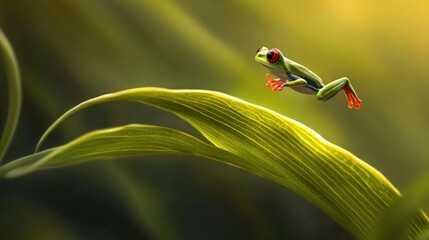 Red-Eyed Tree Frog poised gracefully on a vibrant green leaf in a lush environment