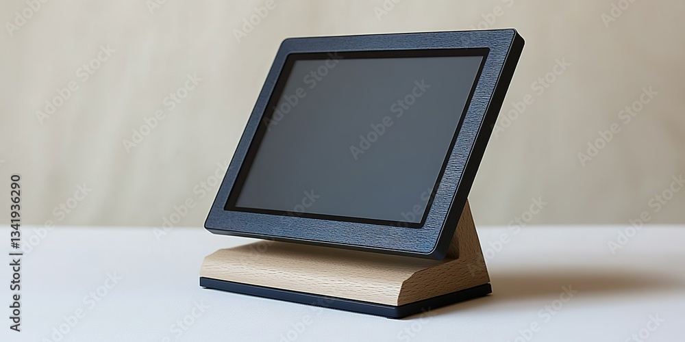 Poster touchscreen display on a wooden stand suitable for various applications in a modern workspace or hom