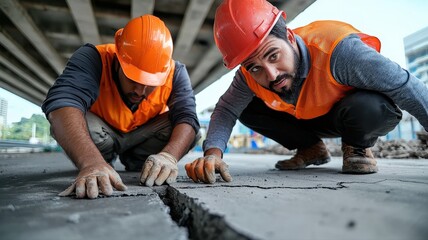 Structural engineers assessing cracks on a concrete bridge support, safety hazard evaluation