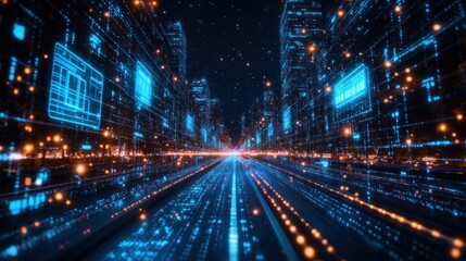 Futuristic cityscape with digital overlays