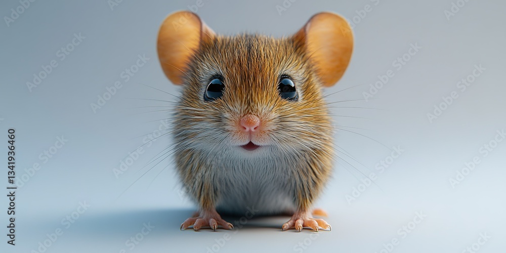 Poster cute mouse with large ears looking directly at the viewer in a softly lit environment
