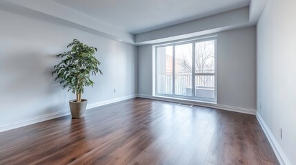 Empty modern room with large window. Interior design, home staging, possible use for real estate