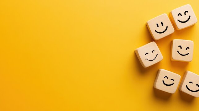 A cheerful arrangement of smiley-faced blocks on a vibrant yellow background, ideal for themes of happiness, positivity, or communication in marketing and wellness projects,