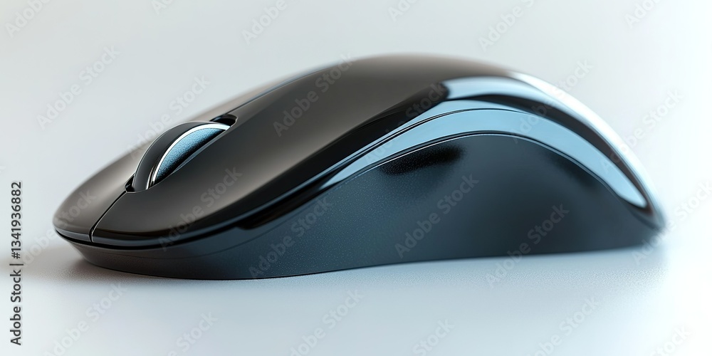 Poster black wireless computer mouse on a white background with a sleek design and ergonomic shape