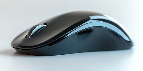 Black wireless computer mouse on a white background with a sleek design and ergonomic shape