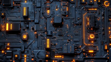 Fototapeta premium Dark Metallic Circuit Board with Glowing Orange Components
