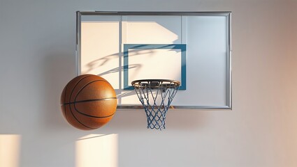 Fototapeta premium A basketball is suspended mid-air near a minimalist school gym's hoop as sunlight filters through the window, creating soft shadows and a serene atmosphere during afternoon hours