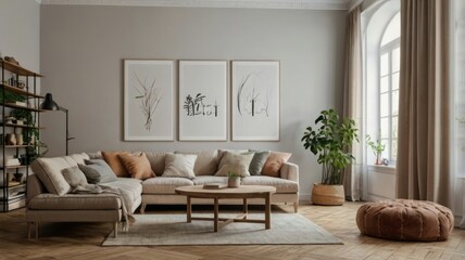 Fototapeta premium Cozy living room with art and plants
