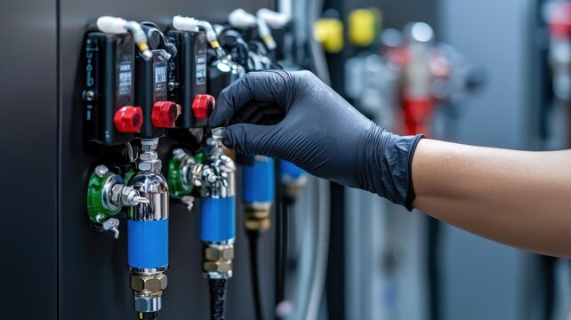 Technician adjusting chemical treatment levels in an advanced purification system, industrial sustainability concept
